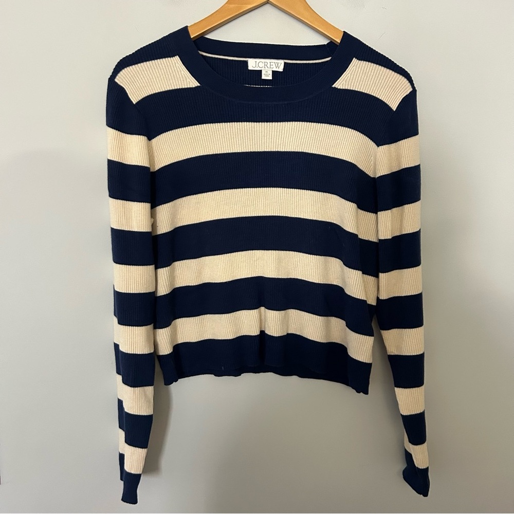 J.Crew Ribbed Crewneck Sweater in Navy Blue Cream Stripe